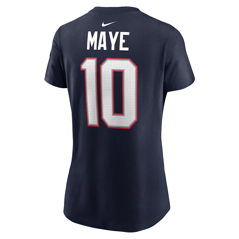 T-shirt Nike Drake Maye bleu marine avec nom et numéro des New England Patriots pour femme