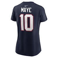 T-shirt Nike Drake Maye bleu marine avec nom et numéro des New England Patriots pour femme
