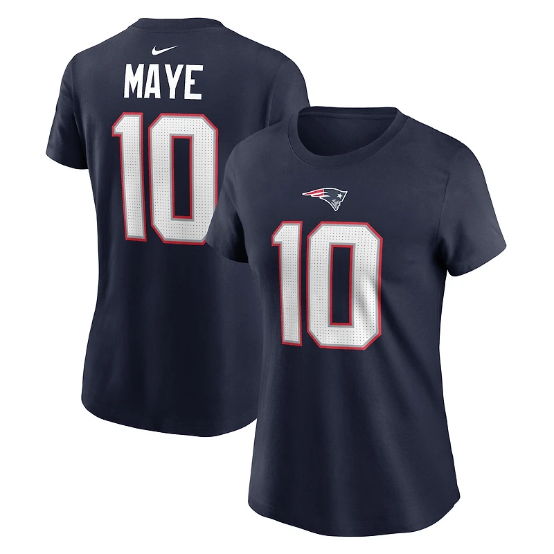T-shirt Nike Drake Maye bleu marine avec nom et numéro des New England Patriots pour femme