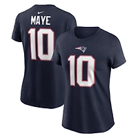 T-shirt Nike Drake Maye bleu marine avec nom et numéro des New England Patriots pour femme