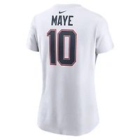 T-shirt Nike Drake Maye blanc pour femme avec nom et numéro de joueur des New England Patriots