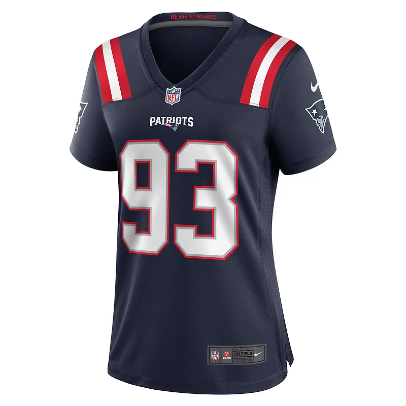 Maillot de match joueur retraité Nike Richard Seymour pour femme des New England Patriots, bleu marine