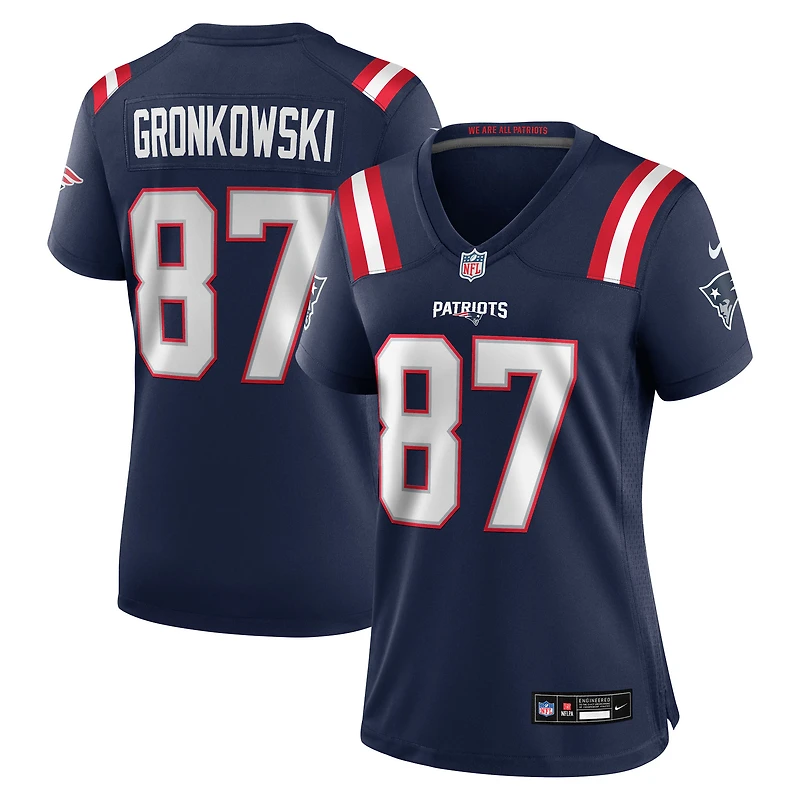Maillot de match Nike Rob Gronkowski bleu marine pour femme, commémorant la retraite d'un joueur des New England Patriots.