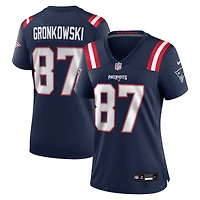 Maillot de match Nike Rob Gronkowski bleu marine pour femme, commémorant la retraite d'un joueur des New England Patriots.