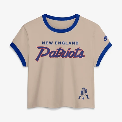 Women's Nike Sand New England Patriots Rewind Ringer Mod Cropped T-Shirt