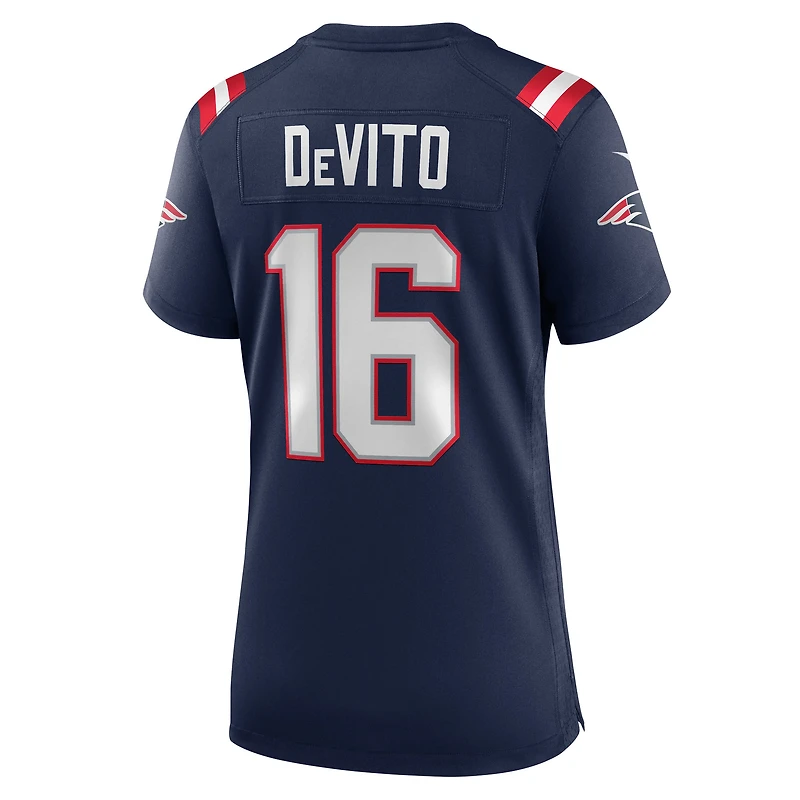 Maillot Nike Tommy DeVito bleu marine pour femme des New England Patriots