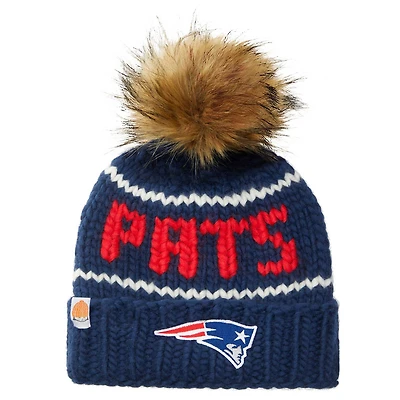 Sh*t That I Knit Navy New England Patriots Bonnet en laine mérinos à bords tricotés à la main avec pompon en fausse fourrure pour femme
