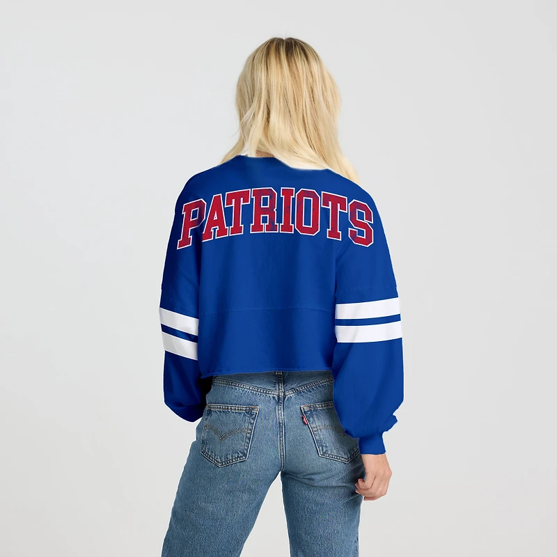 T-shirt à manches longues rayé oversize court Spirit Jersey Royal New England Patriots pour femme