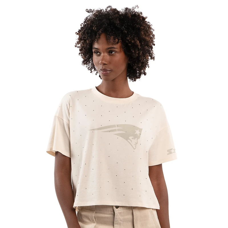 Women's Starter Cream New England Patriots Rhinestone Sprinkle Boxy Cropped T-Shirt