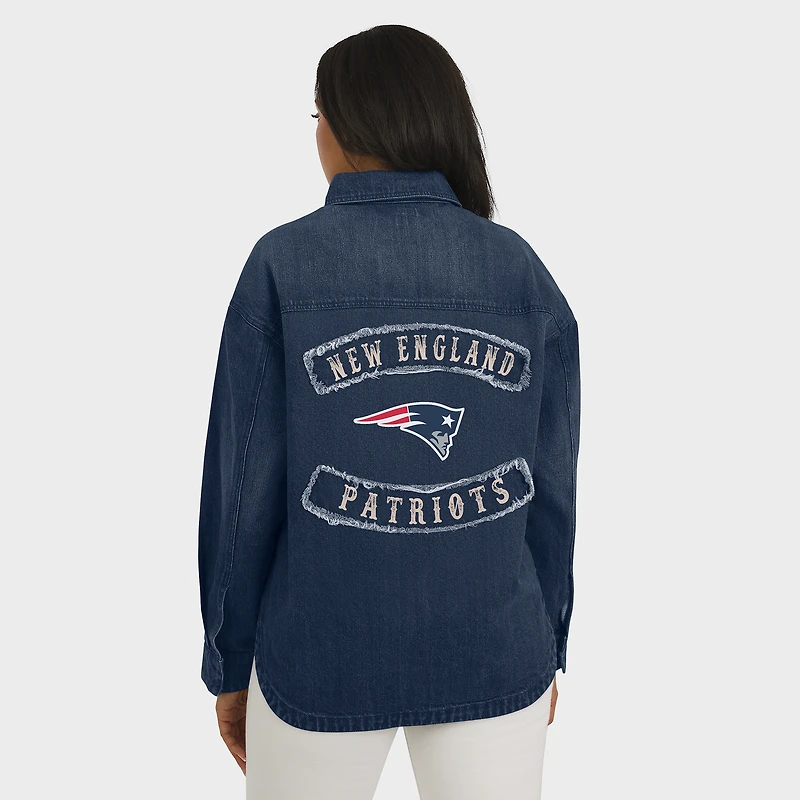 Women's WEAR by Erin Andrews Denim New England Patriots Washed Oversized Full-Snap Shacket