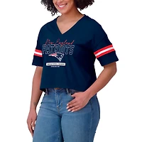 Women's WEAR by Erin Andrews Navy New England Patriots Color Block Boxy Modest Crop V-Neck T-Shirt