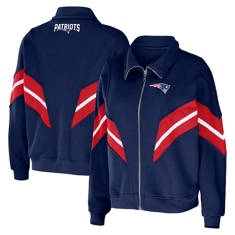 Veste zippée à rayures teintées en fil bleu marine New England Patriots pour femme par Erin Andrews