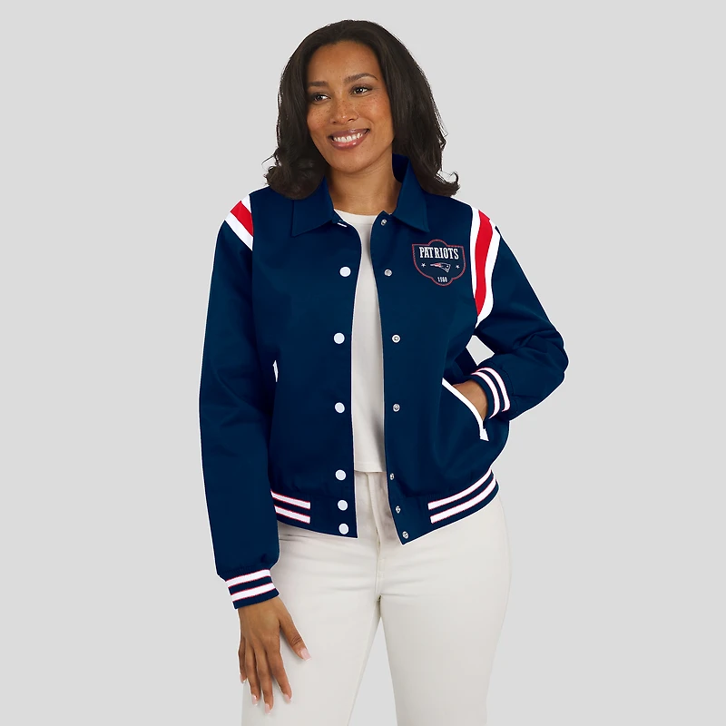 Women's WEAR by Erin Andrews Navy New England Patriots Varsity Lightweight Full-Snap Jacket
