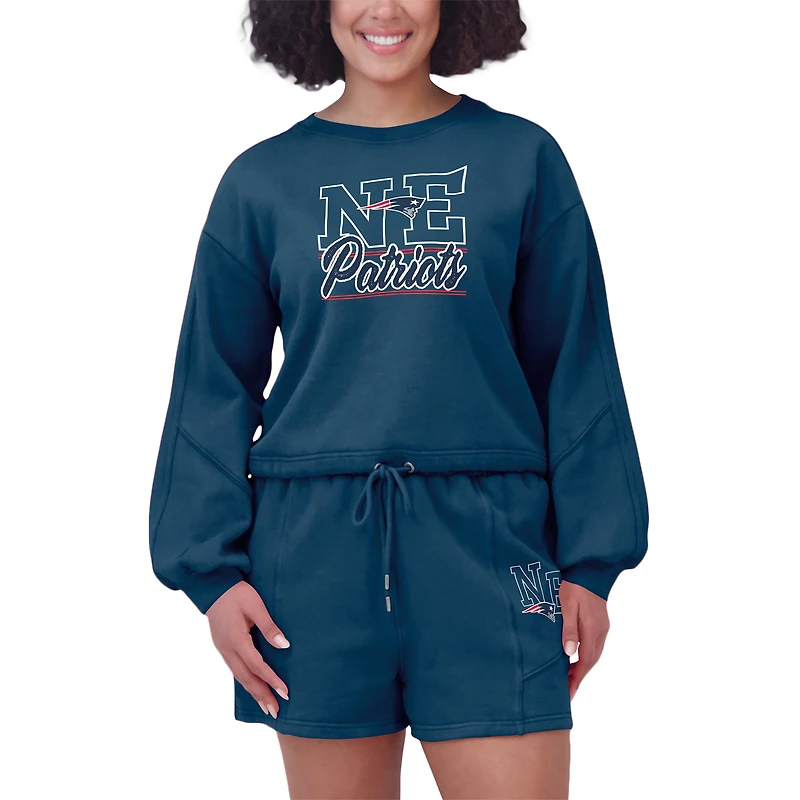 Women's WEAR by Erin Andrews Navy New England Patriots Washed Fleece Long Sleeve T-Shirt & Shorts Lounge Set