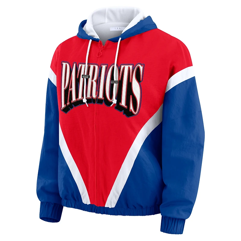 Women's WEAR by Erin Andrews Red/Navy New England Patriots Retro Crinkle Full-Zip Hoodie Windbreaker