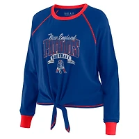 Women's WEAR by Erin Andrews Royal/Red New England Patriots Tie-Front Long Sleeve Top