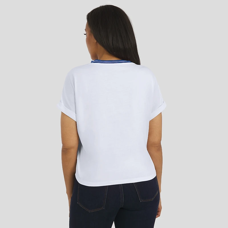 Women's WEAR by Erin Andrews White New England Patriots Cropped Center Stripe Dolman T-Shirt