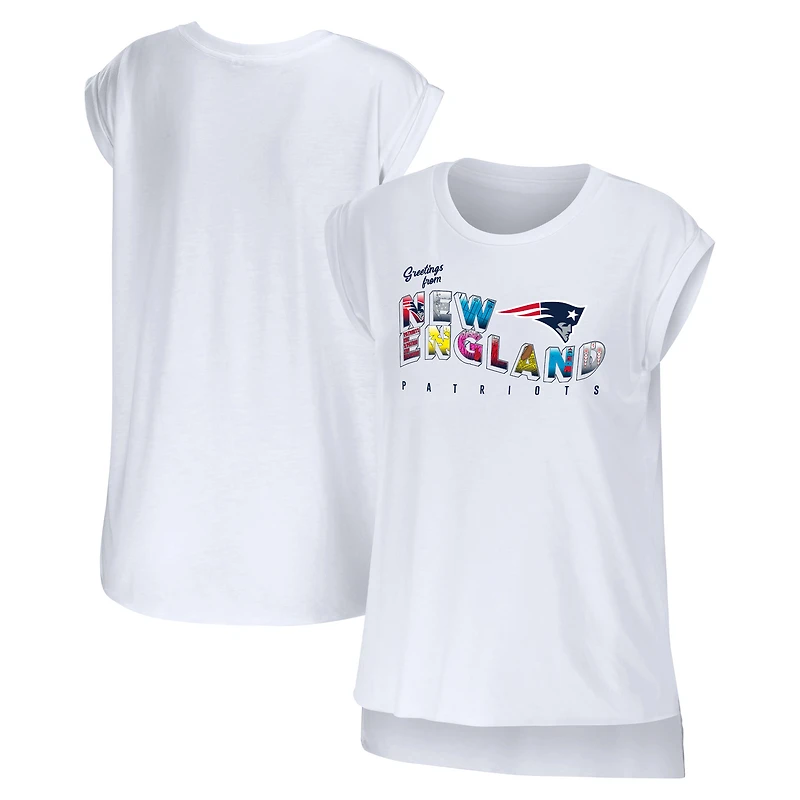 Women's WEAR by Erin Andrews White New England Patriots Greetings From Muscle T-Shirt