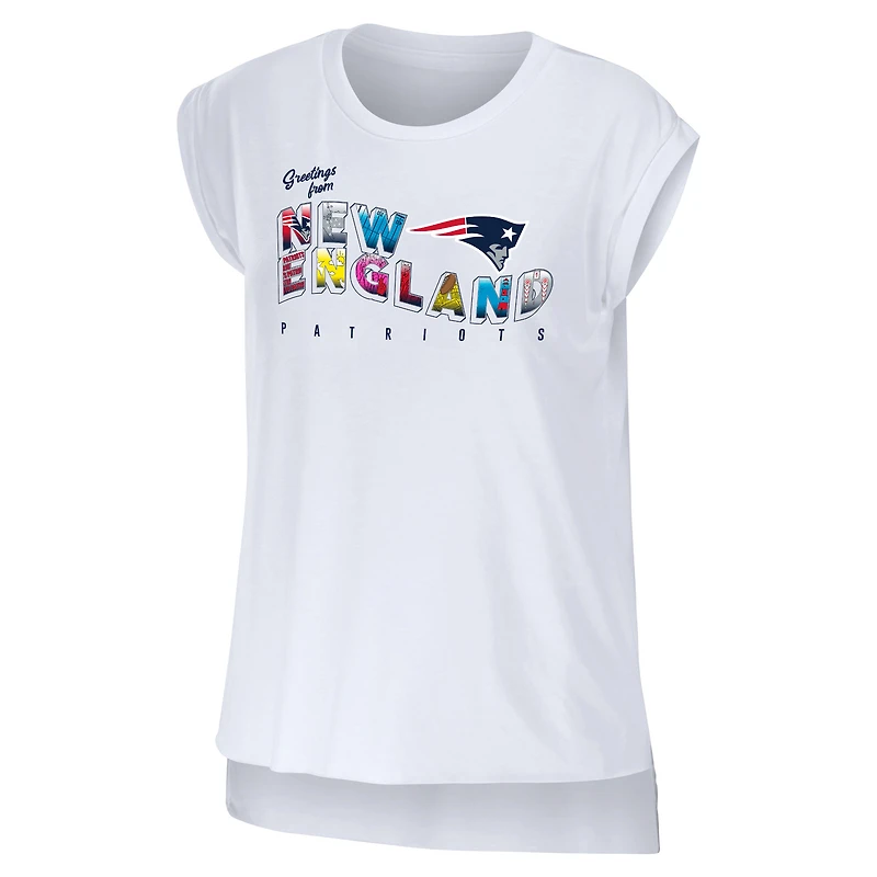 Women's WEAR by Erin Andrews White New England Patriots Greetings From Muscle T-Shirt