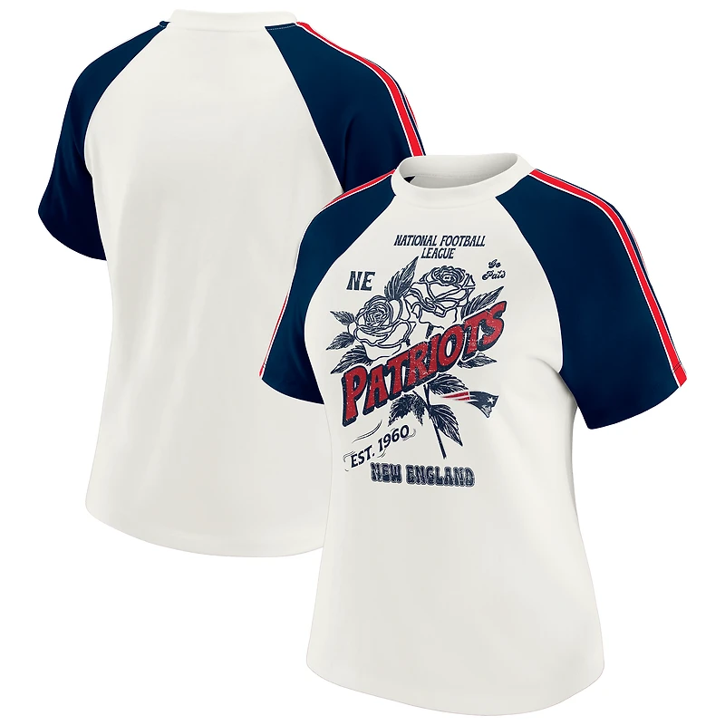 Women's WEAR by Erin Andrews White New England Patriots Sleeve Stripe Distressed Raglan T-Shirt