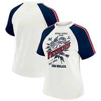 Women's WEAR by Erin Andrews White New England Patriots Sleeve Stripe Distressed Raglan T-Shirt