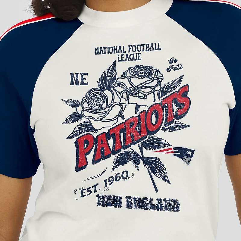 Women's WEAR by Erin Andrews White New England Patriots Sleeve Stripe Distressed Raglan T-Shirt