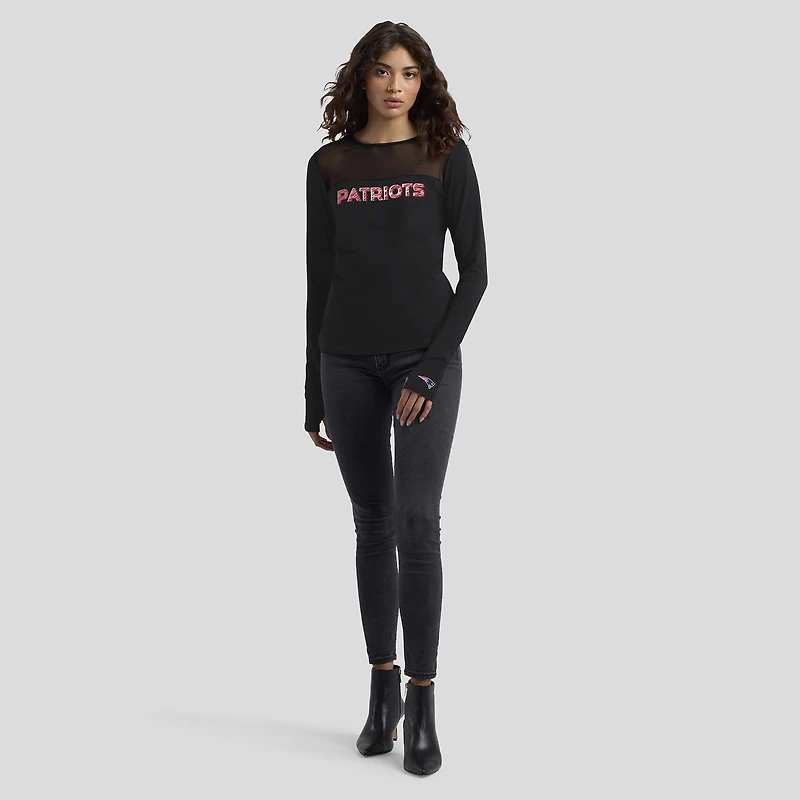 Women's WEAR by Erin Andrews x Gracie Hunt Black New England Patriots Mesh Panel Long Sleeve T-Shirt