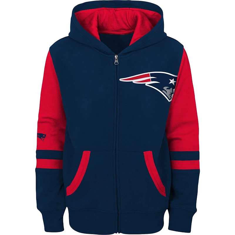 Chandail à capuchon glissière pleine longueur bleu marine New England Patriots colorblock pour jeune