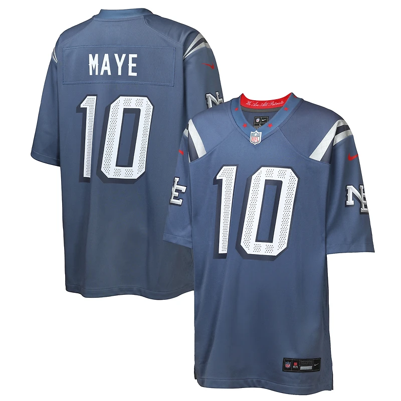 Maillot Nike Drake Maye Storm Blue pour jeune des New England Patriots, collection Rivalries 2025