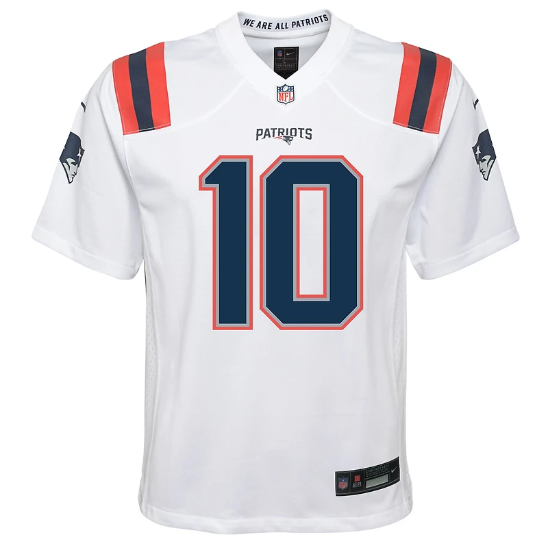Maillot Nike Drake Maye blanc des New England Patriots pour jeune