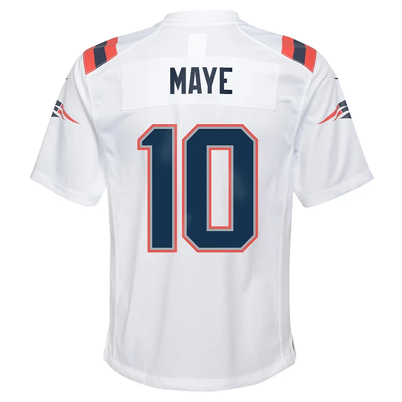 Maillot Nike Drake Maye blanc des New England Patriots pour jeune