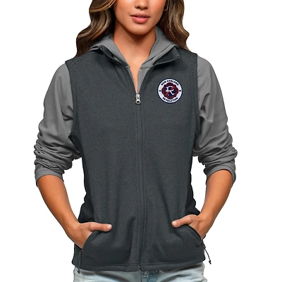 Women's Antigua Heather Charcoal New England Revolution Team Logo Course Full-Zip Vest