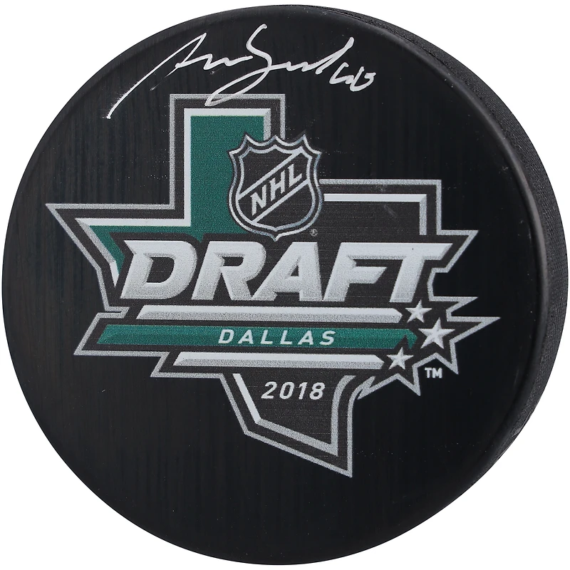 Rondelle de hockey autographiée par Akira Schmid des Devils du New Jersey lors du repêchage 2018