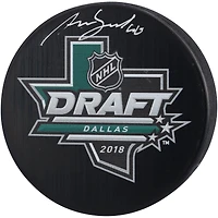Rondelle de hockey autographiée par Akira Schmid des Devils du New Jersey lors du repêchage 2018