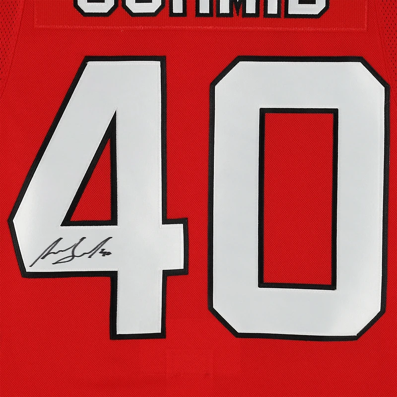 Maillot authentique adidas rouge autographié par Akira Schmid des Devils du New Jersey