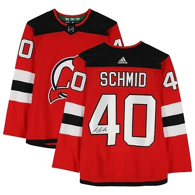 Maillot authentique adidas rouge autographié par Akira Schmid des Devils du New Jersey