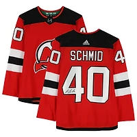 Maillot authentique adidas rouge autographié par Akira Schmid des Devils du New Jersey