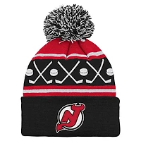 Bonnet tricoté à revers et pompon pour bébé avec motif New Jersey Devils Face-Off
