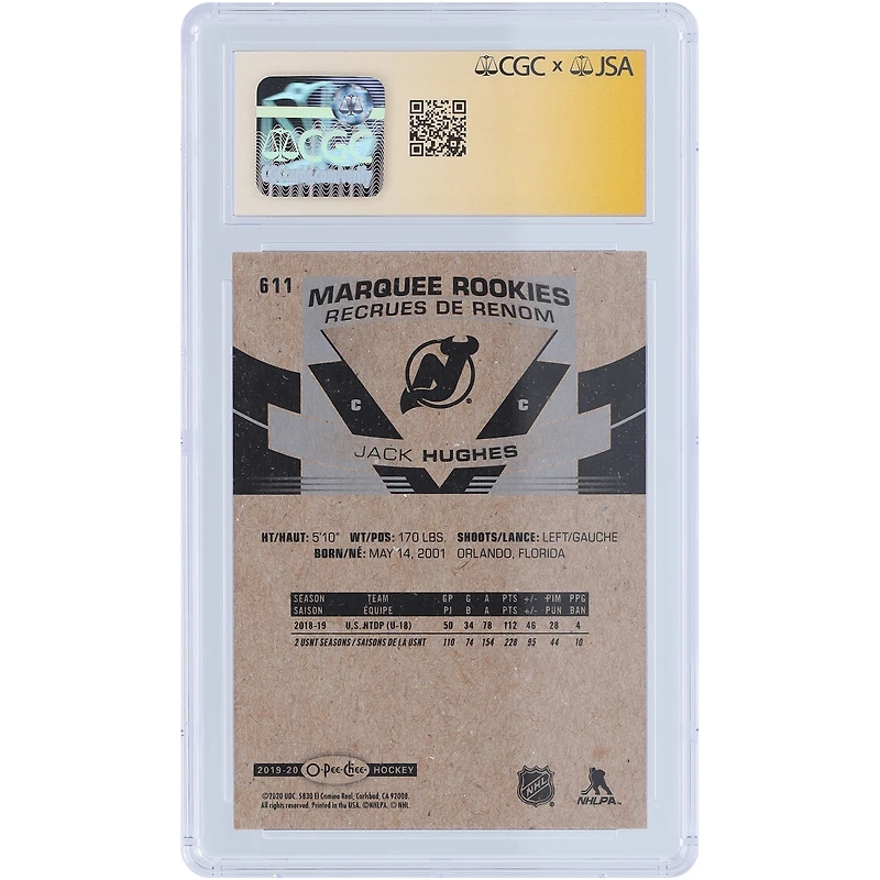 Carte de recrue autographiée de Jack Hughes (New Jersey Devils) 2019-20 O-Pee-Chee Marquee Rookies n° 611