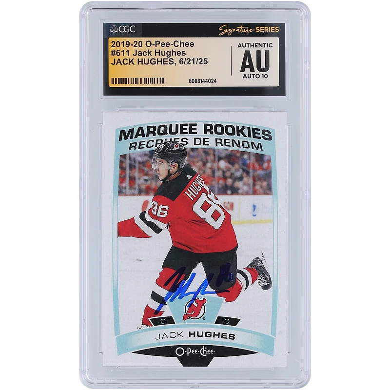 Carte de recrue autographiée Jack Hughes (New Jersey Devils) 2019-20 O-Pee-Chee Marquee Rookies n° 611, certifiée CGC Fanatics Witnessed Auto 10