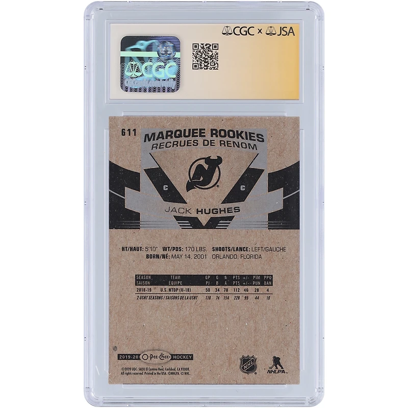 Carte de recrue autographiée Jack Hughes (New Jersey Devils) 2019-20 O-Pee-Chee Marquee Rookies n° 611, certifiée CGC Fanatics Witnessed Auto 10