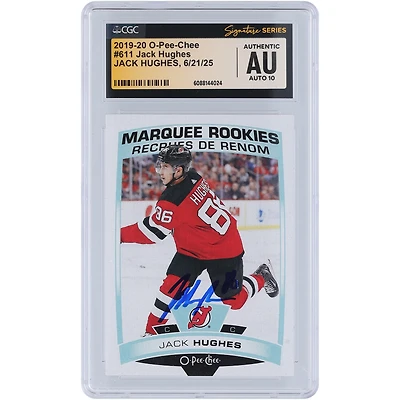 Carte de recrue autographiée Jack Hughes (New Jersey Devils) 2019-20 O-Pee-Chee Marquee Rookies n° 611, certifiée CGC Fanatics Witnessed Auto 10