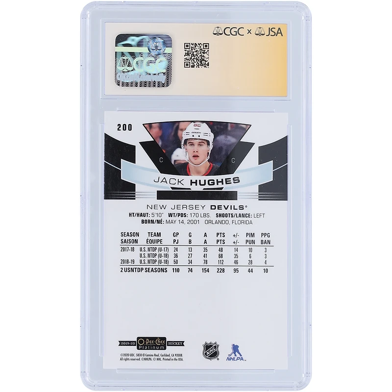Jack Hughes New Jersey Devils Autographed 2019-20 O-Pee-Chee Platinum Marquee Rookies #200 CGC Fanatics Witnessed Authenticated 9.5/10 Rookie Card