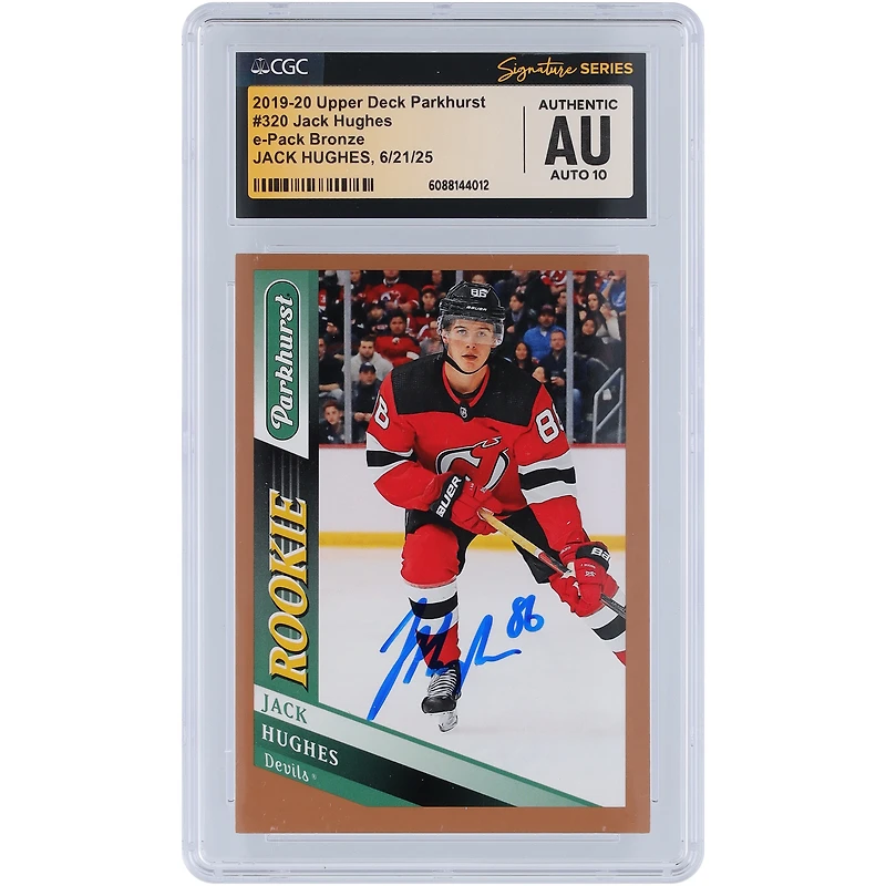 Carte de recrue autographiée de Jack Hughes (New Jersey Devils), saison 2019-20, Upper Deck Parkhurst Bronze, numéro 320, certifiée CGC Fanatics Witnessed Auto 10.