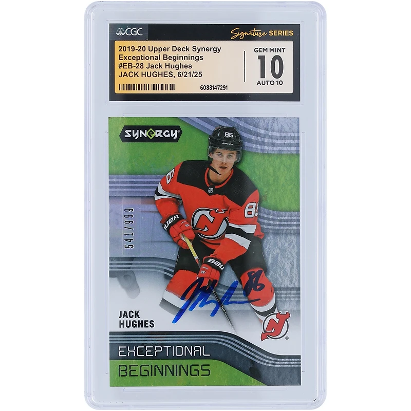 Jack Hughes New Jersey Devils Autographed 2019-20 Upper Deck Synergy Exceptional Beginnings #EB-28 #/999 CGC Fanatics Witnessed Authenticated 10/10 Rookie Card