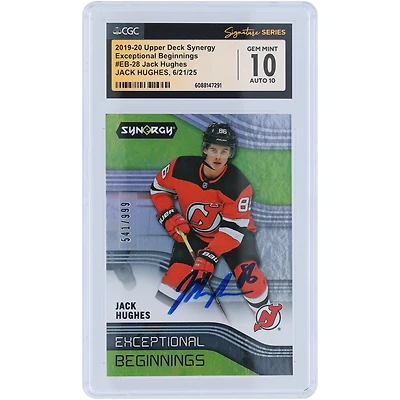 Jack Hughes New Jersey Devils Autographed 2019-20 Upper Deck Synergy Exceptional Beginnings #EB-28 #/999 CGC Fanatics Witnessed Authenticated 10/10 Rookie Card