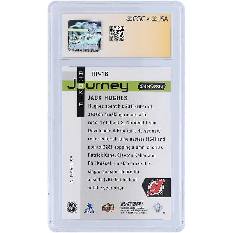 Jack Hughes New Jersey Devils Autographed 2019-20 Upper Deck Synergy Rookie Journey Draft Day #RP-16 #/999 CGC Fanatics Witnessed Authenticated 10/10 Rookie Card