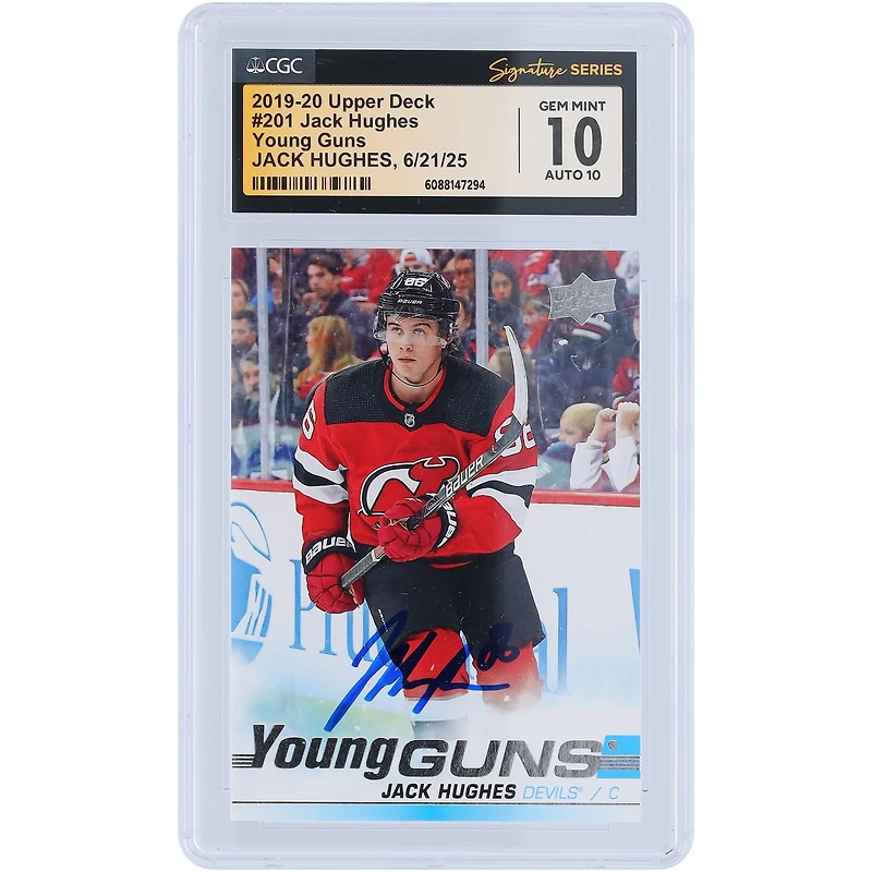 Jack Hughes New Jersey Devils Autographed 2019-20 Upper Deck Young Guns #201 CGC Fanatics Witnessed Authenticated 10/10 Rookie Card