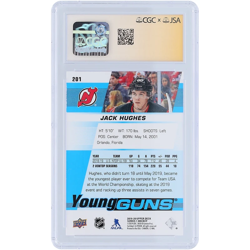 Jack Hughes New Jersey Devils Autographed 2019-20 Upper Deck Young Guns #201 CGC Fanatics Witnessed Authenticated 10/10 Rookie Card