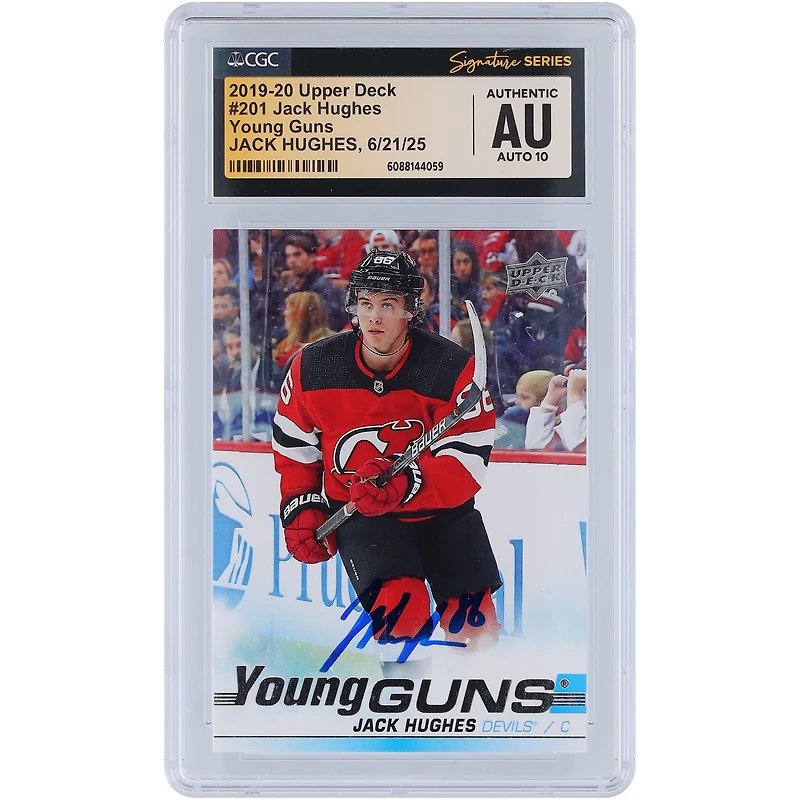 Carte de recrue Jack Hughes des New Jersey Devils, autographiée, 2019-20 Upper Deck Young Guns n° 201, certifiée CGC Fanatics Witnessed Auto 10